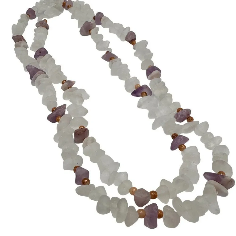 Vintage Sea Glass and Amethyst Beaded Long Necklace 31 Inch